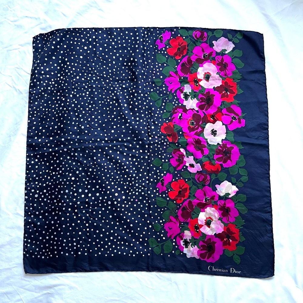 Christian Dior Floral Polka Dot Scarf - Navy and Pink